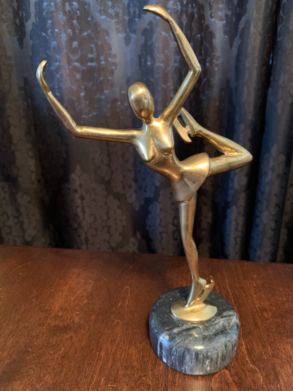Vintage Solid Brass FIGURE SKATER Ice Skating with Marble base